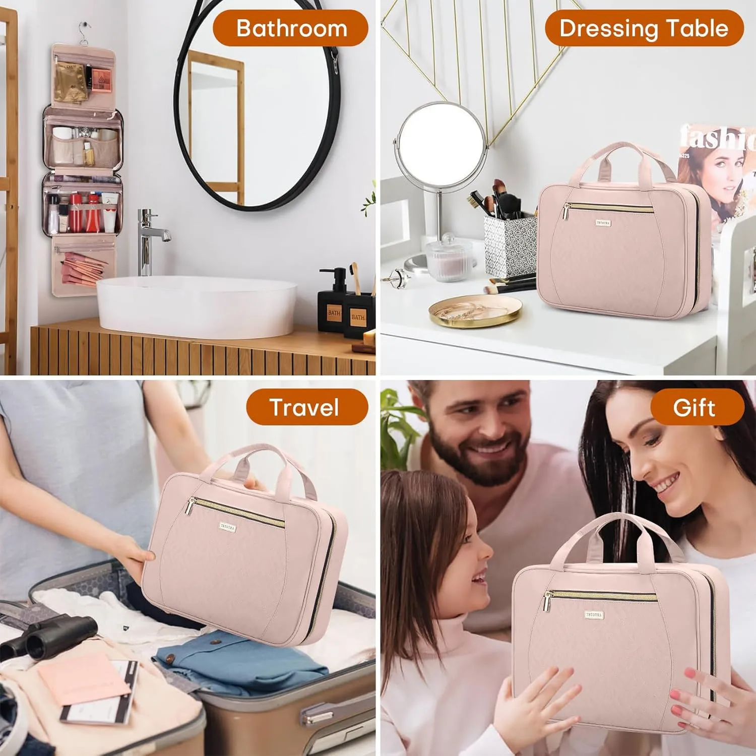 Travel Toiletry Bags with Hanging Hook for Full-size Toiletries, Brushes Set, Cosmetics - Medium Pink