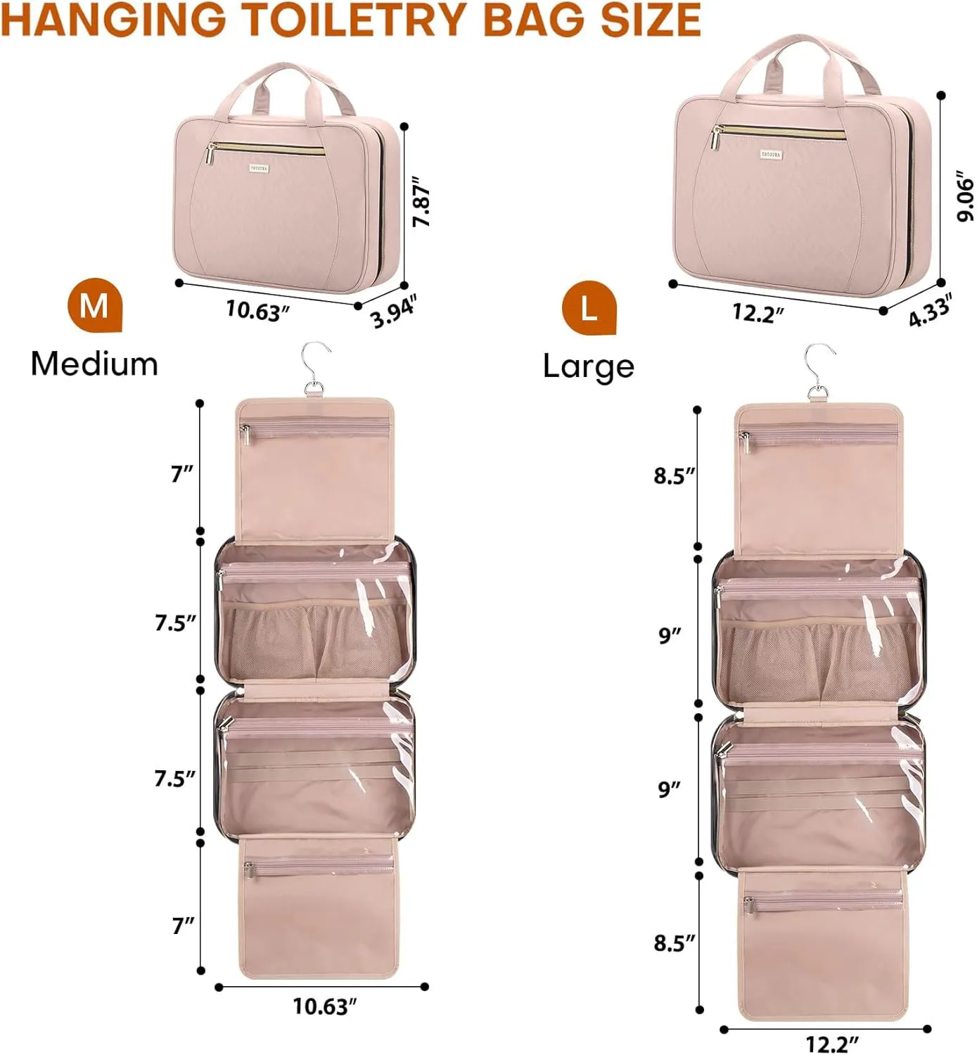 Travel Toiletry Bags with Hanging Hook for Full-size Toiletries, Brushes Set, Cosmetics - Medium Pink