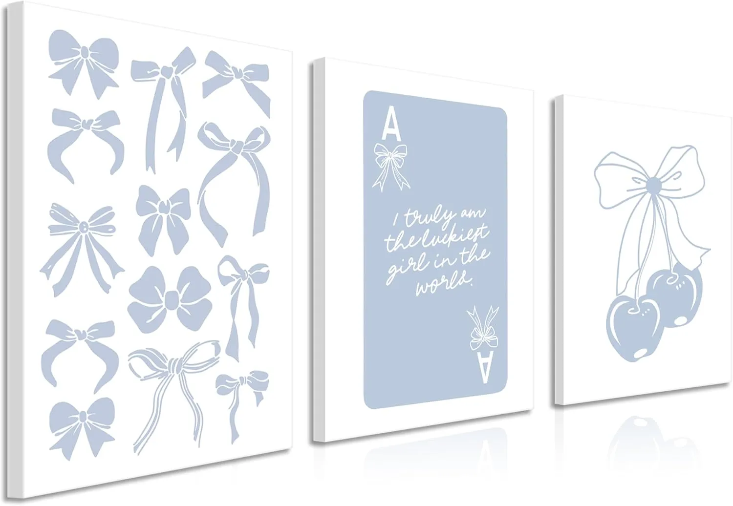 Trendy Preppy Canvas Wall Art Set of 3, Light Blue Bow Picture Wall Decor Paintings, Poker Lucky Coquette Room Posters Prints for Dorm College Apartment Bedroom 12x16In Framed