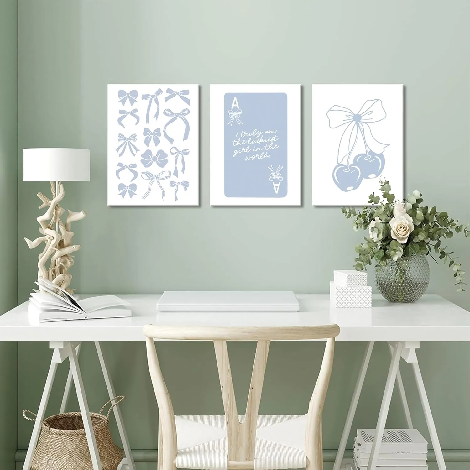 Trendy Preppy Canvas Wall Art Set of 3, Light Blue Bow Picture Wall Decor Paintings, Poker Lucky Coquette Room Posters Prints for Dorm College Apartment Bedroom 12x16In Framed