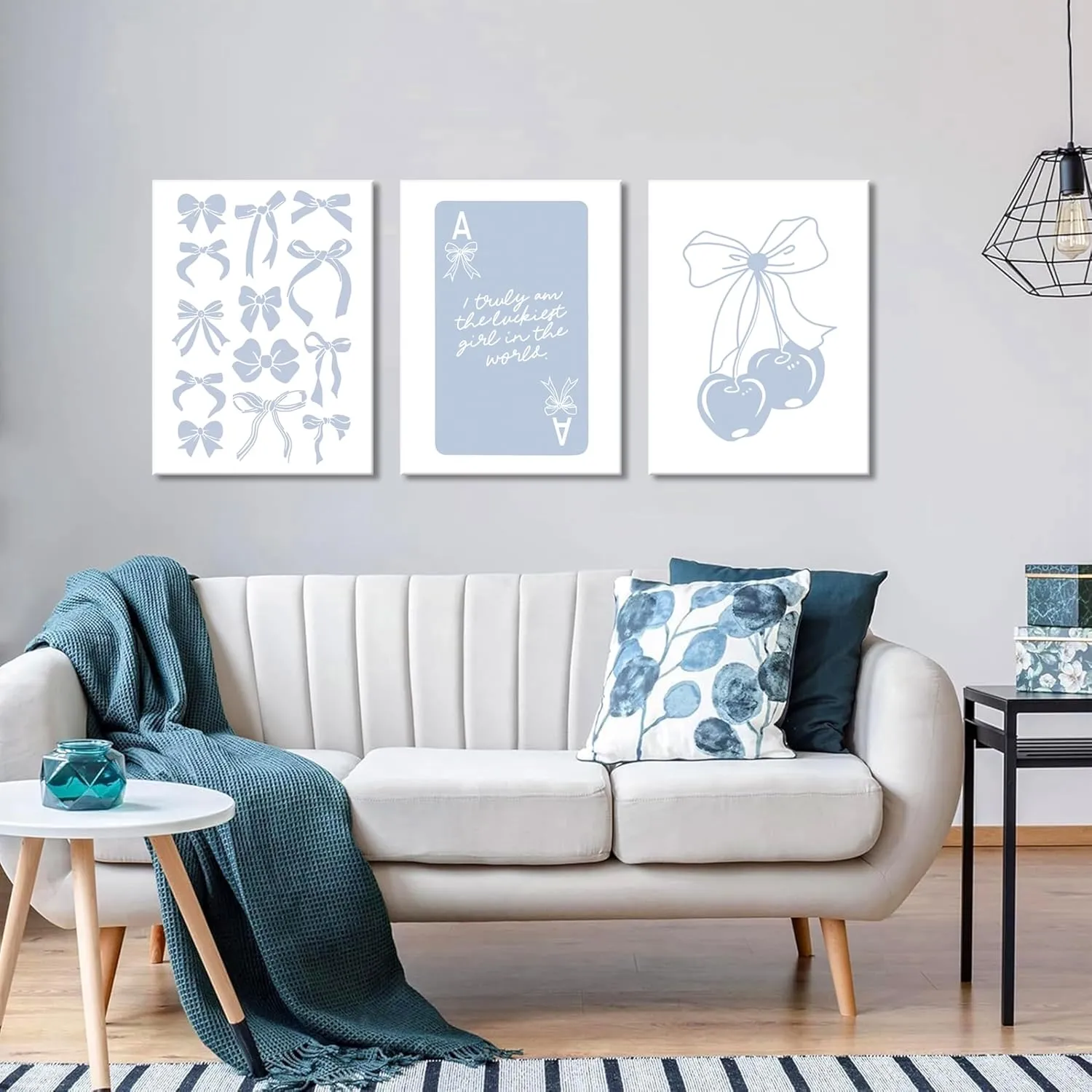 Trendy Preppy Canvas Wall Art Set of 3, Light Blue Bow Picture Wall Decor Paintings, Poker Lucky Coquette Room Posters Prints for Dorm College Apartment Bedroom 12x16In Framed