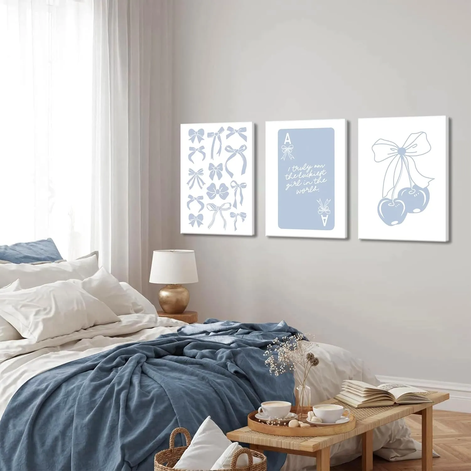 Trendy Preppy Canvas Wall Art Set of 3, Light Blue Bow Picture Wall Decor Paintings, Poker Lucky Coquette Room Posters Prints for Dorm College Apartment Bedroom 12x16In Framed