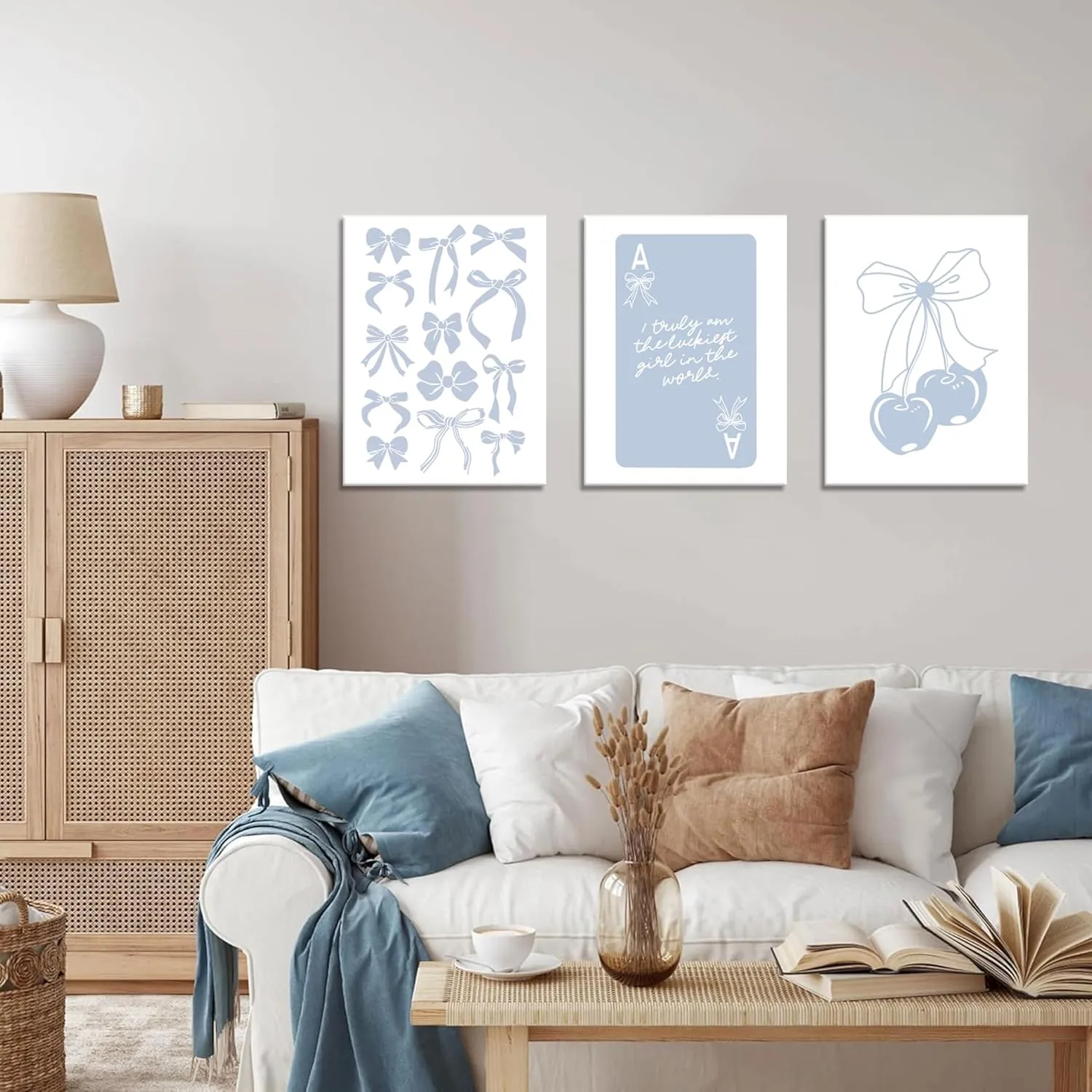 Trendy Preppy Canvas Wall Art Set of 3, Light Blue Bow Picture Wall Decor Paintings, Poker Lucky Coquette Room Posters Prints for Dorm College Apartment Bedroom 12x16In Framed