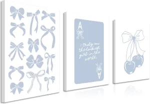 Trendy Preppy Canvas Wall Art Set of 3, Light Blue Bow Picture Wall Decor Paintings, Poker Lucky Coquette Room Posters Prints for Dorm College Apartment Bedroom 12x16In Framed