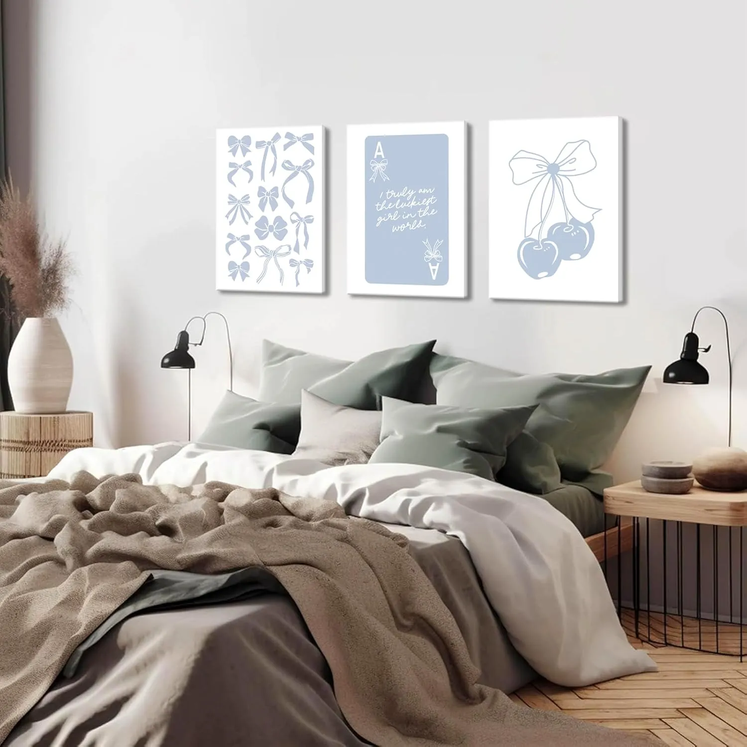 Trendy Preppy Canvas Wall Art Set of 3, Light Blue Bow Picture Wall Decor Paintings, Poker Lucky Coquette Room Posters Prints for Dorm College Apartment Bedroom 12x16In Framed