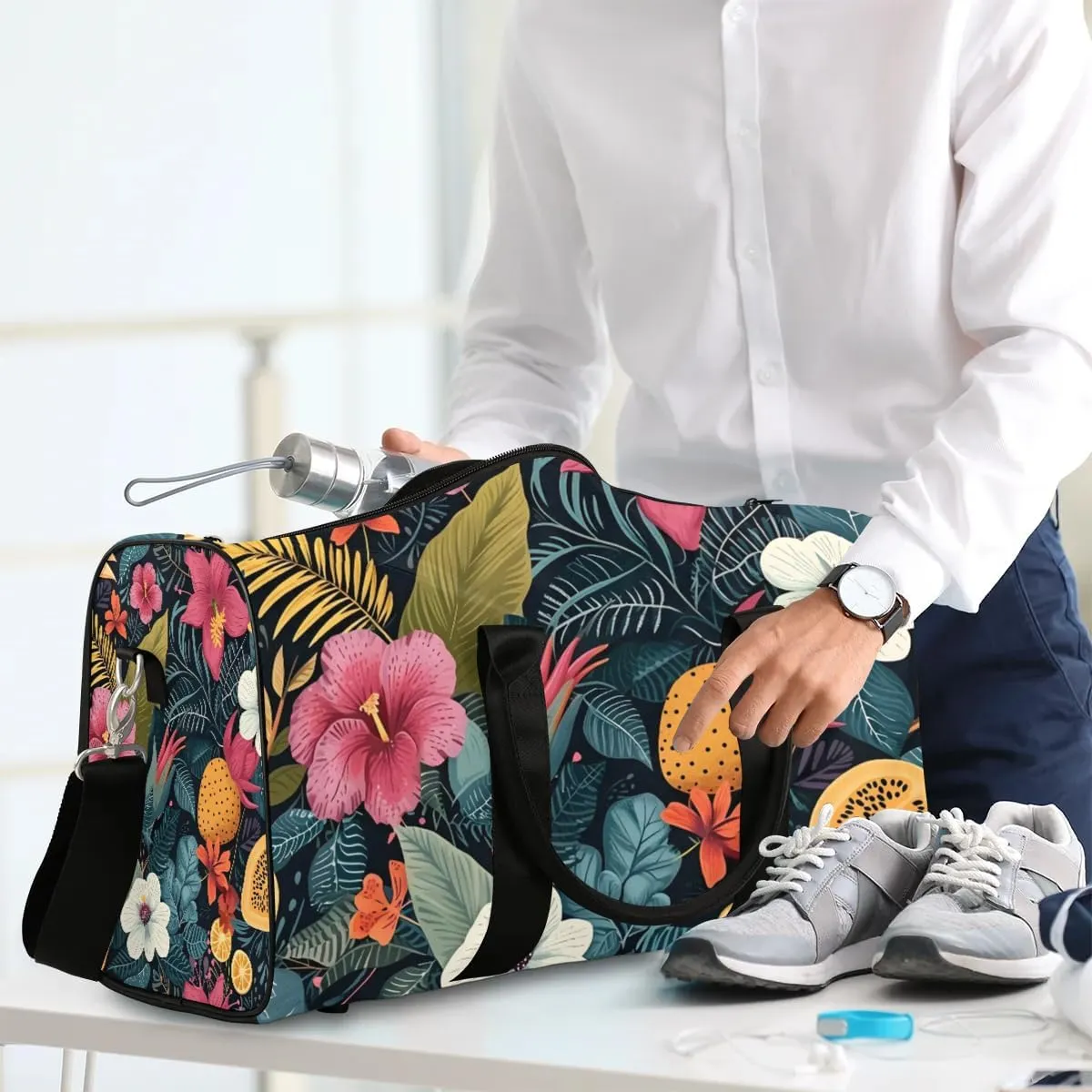 Tropic Flower Travel Duffel Bag for Women Men Waterproof Foldable Overnight Weekender Bag Large Capacity Sports Gym Bag