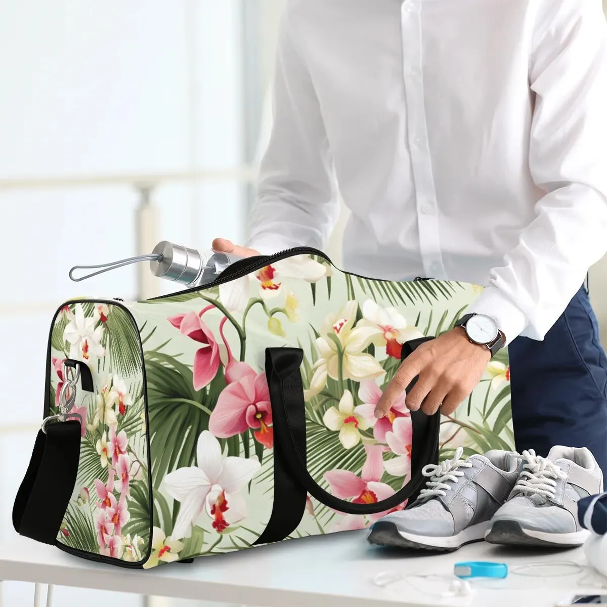 Tropical Palm Tree Leaf Flower Travel Duffel Bag for Women Men Waterproof Foldable Overnight Weekender Bag Large Capacity Sports Gym Bag