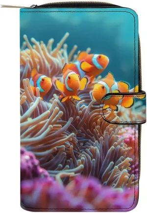 Tropical Seafloor Coral Clownfish Leather Wallets,Long Wallet Purse,Slim Thin Leather Bifold Card Holder Wallet,Adjustable Buckle,Multi Cards Case,Large Capacity