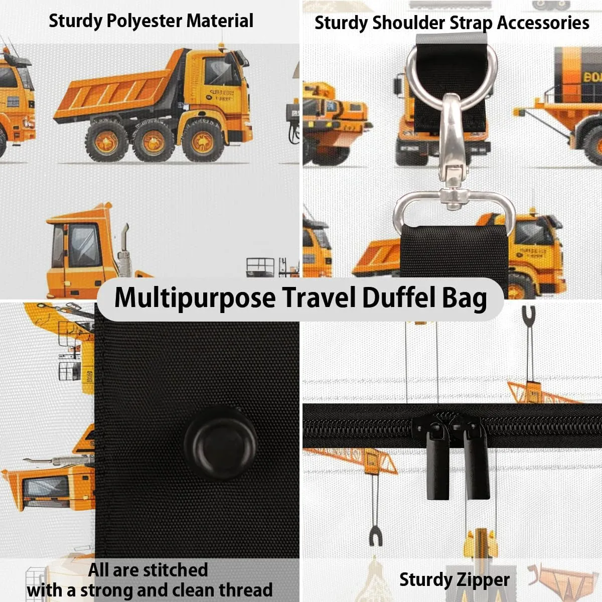 Truck Excavator Bulldozer Travel Duffel Bag for Women Men Waterproof Foldable Overnight Weekender Bag Large Capacity Sports Gym Bag