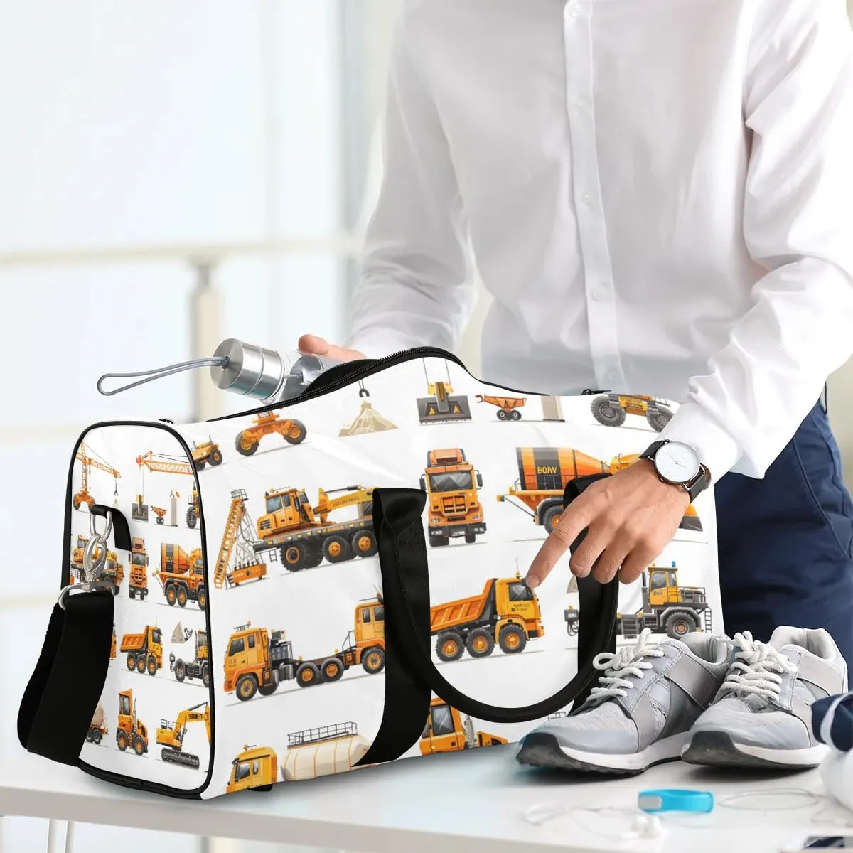 Truck Excavator Bulldozer Travel Duffel Bag for Women Men Waterproof Foldable Overnight Weekender Bag Large Capacity Sports Gym Bag
