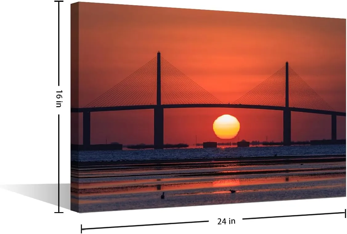 TUMOVO Native American Wall Art Tampa Bay Canvas Paintings Sunshine Skyway Bridge Artwork for Room Decor Florida, USA Picture Prints On Canvas for Home Decor Framed Ready to Hang, 16" Wx24 H