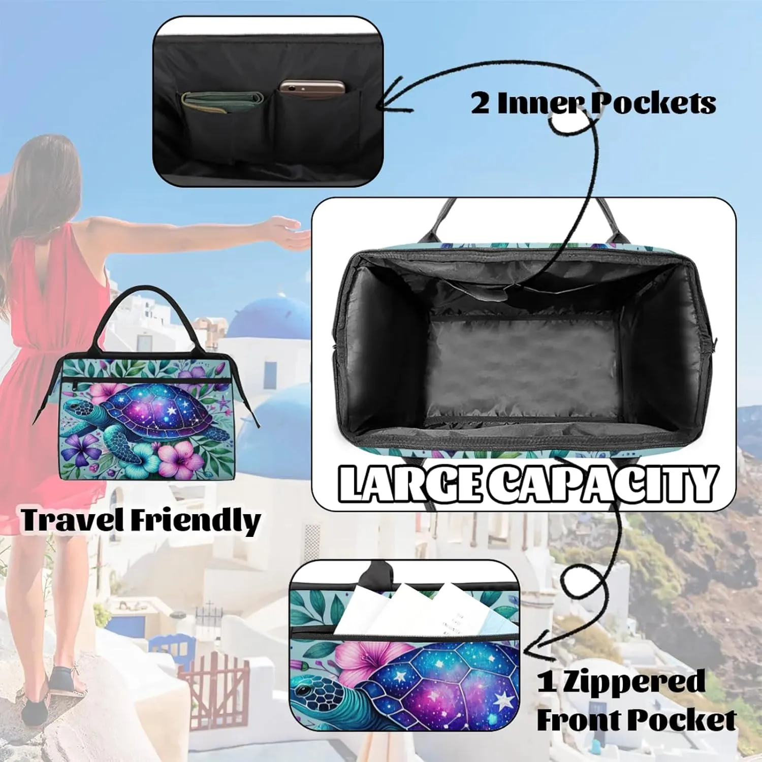Turtle Flower Leaf Summer Travel Duffel Bag Gym Tote Bag for Women Men Waterproof Weekend Overnight Bag Carry On Tote Luggage with Pocket Personal Item Bags Sports Bag fit Travel Sports Gym Yoga