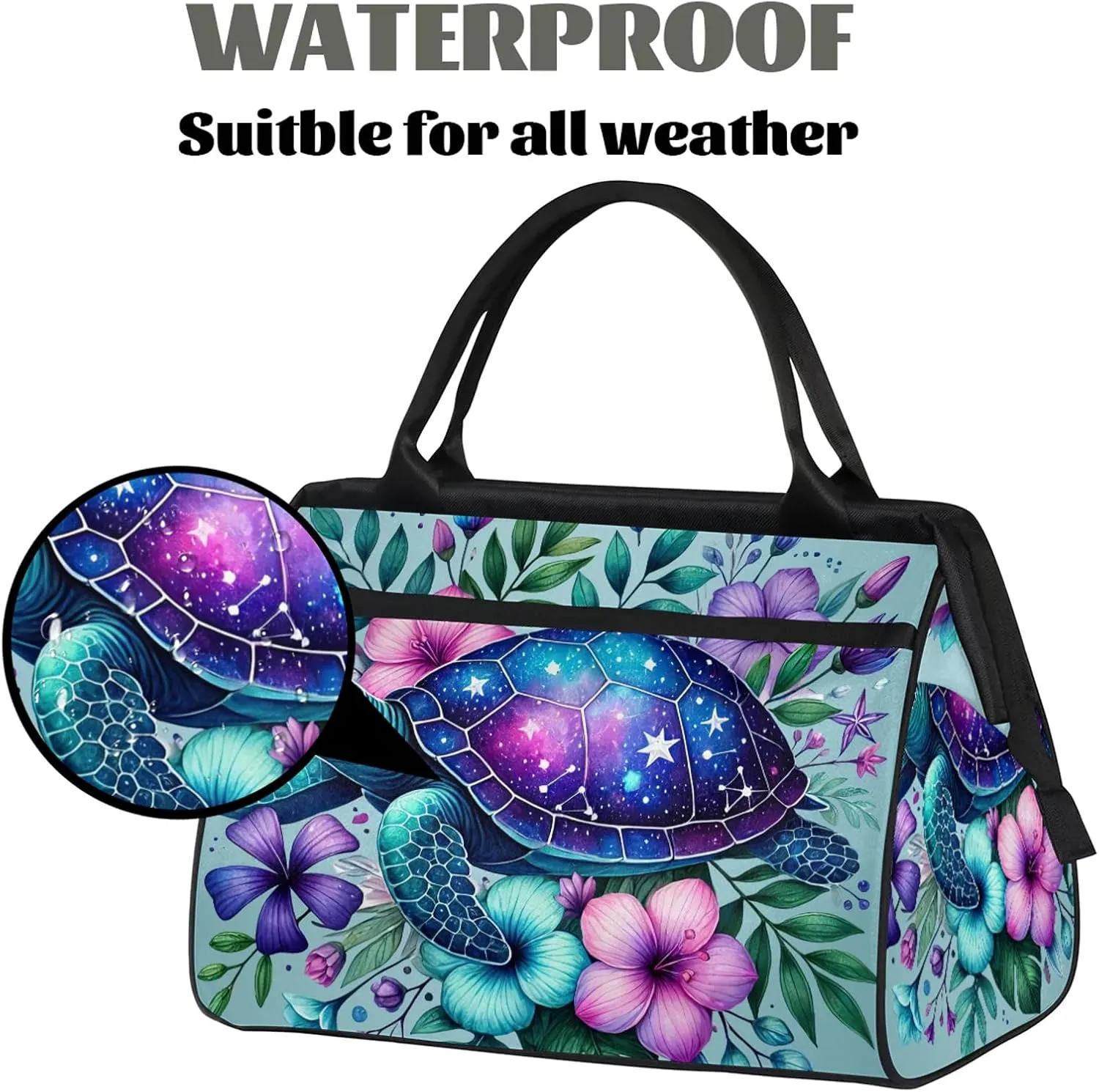 Turtle Flower Leaf Summer Travel Duffel Bag Gym Tote Bag for Women Men Waterproof Weekend Overnight Bag Carry On Tote Luggage with Pocket Personal Item Bags Sports Bag fit Travel Sports Gym Yoga