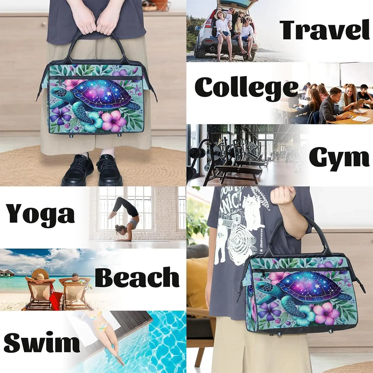 Turtle Flower Leaf Summer Travel Duffel Bag Gym Tote Bag for Women Men Waterproof Weekend Overnight Bag Carry On Tote Luggage with Pocket Personal Item Bags Sports Bag fit Travel Sports Gym Yoga