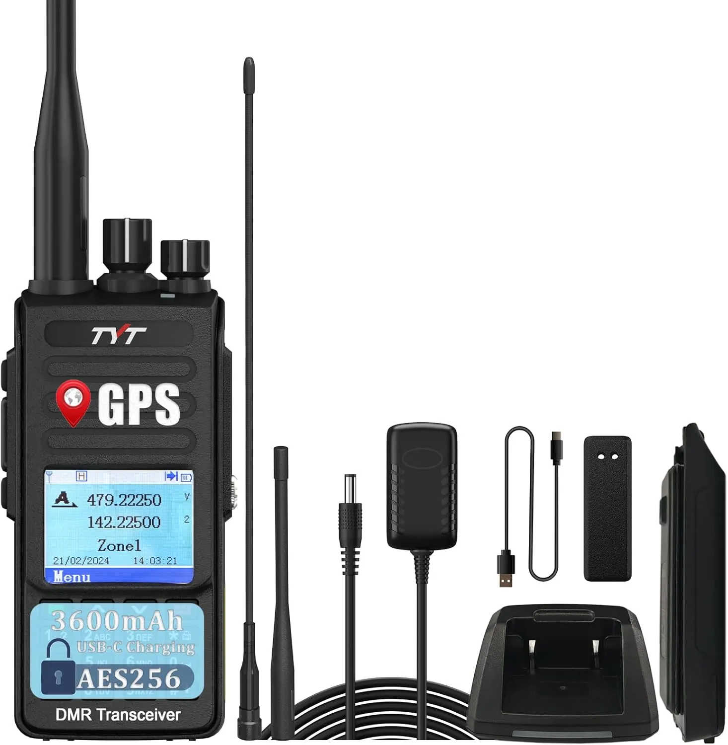 TYT DMR Radio MD-UV390 Plus AES256 Radio 10W VHF UHF Dual Band GPS Walkie Talkie Long Range Digital&Analog Handheld Radio 3600mAh Battery