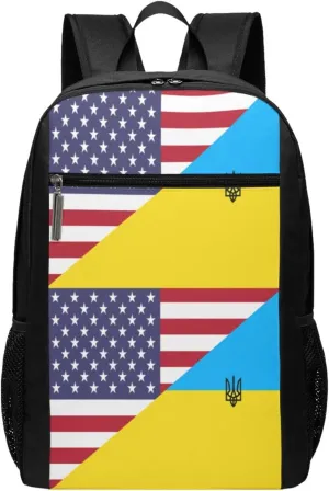 Ukraine Ukrainian Trident American Flag Casual Backpacks Sports Backpack Large Capacity Travel Rucksack Laptop Daypack with Multi-Pockets Adjustable Strap Work Bag for Hiking