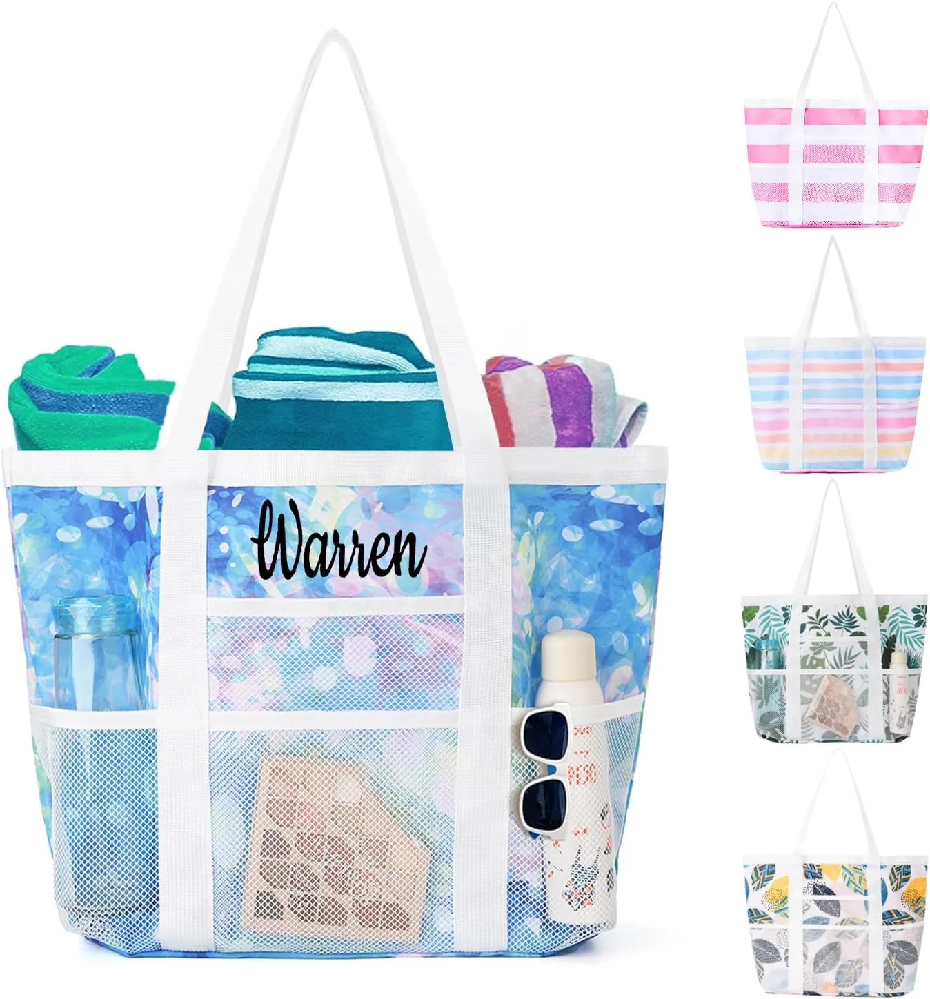 Ulico Personalized Beach Bag Embroidered Name,Custom Mesh Tote Bag for Women, Foldable Shoulder Bag for Swimming Pools Travel