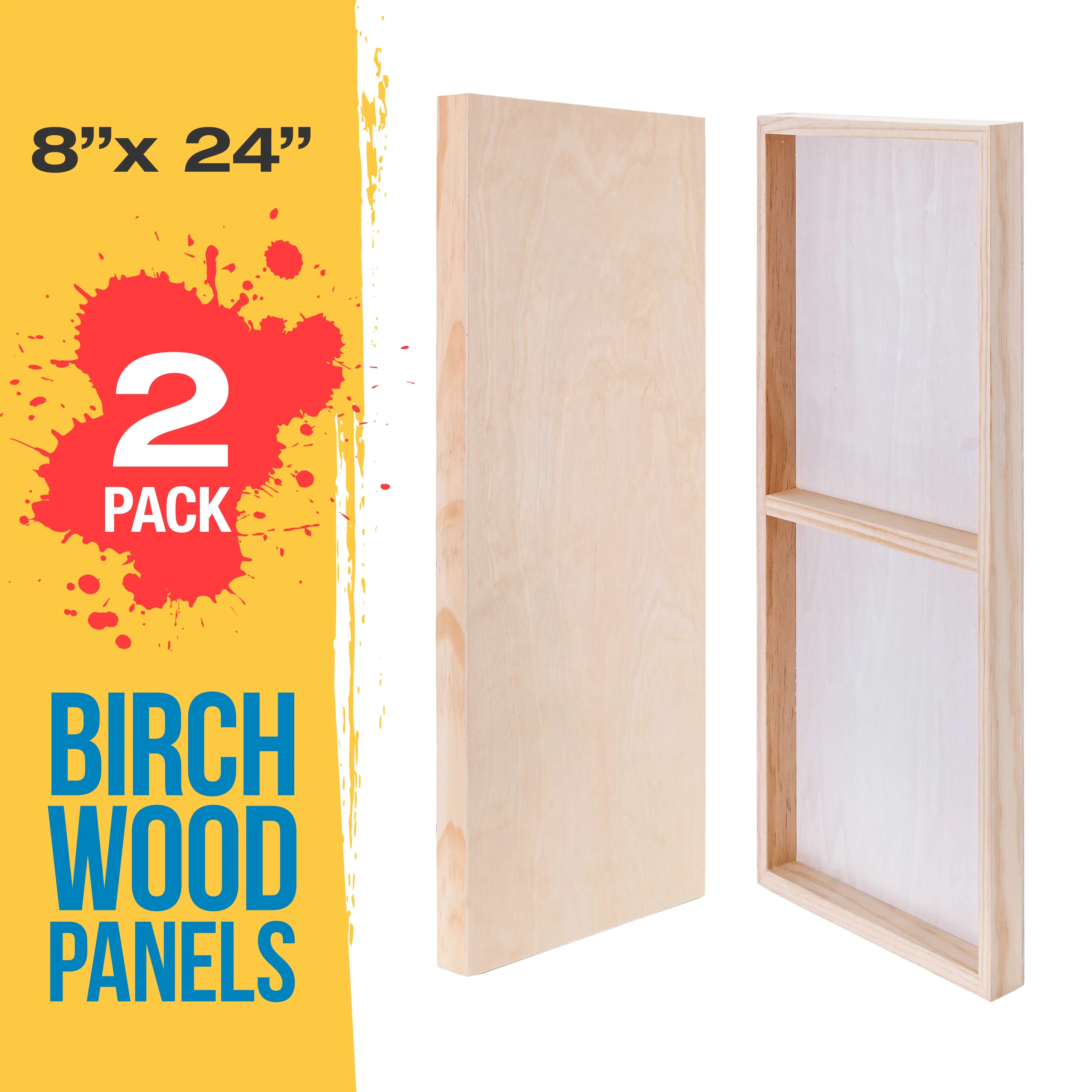 Unfinished Birch Wood Canvas Panels for Painting, 2 Pack of 8x24 inch - Artist Gallery 1-1/2" Deep, Wooden Wall - Mixed-Media Craft, Acrylic, Oil, Encaustic, Paint Pouring