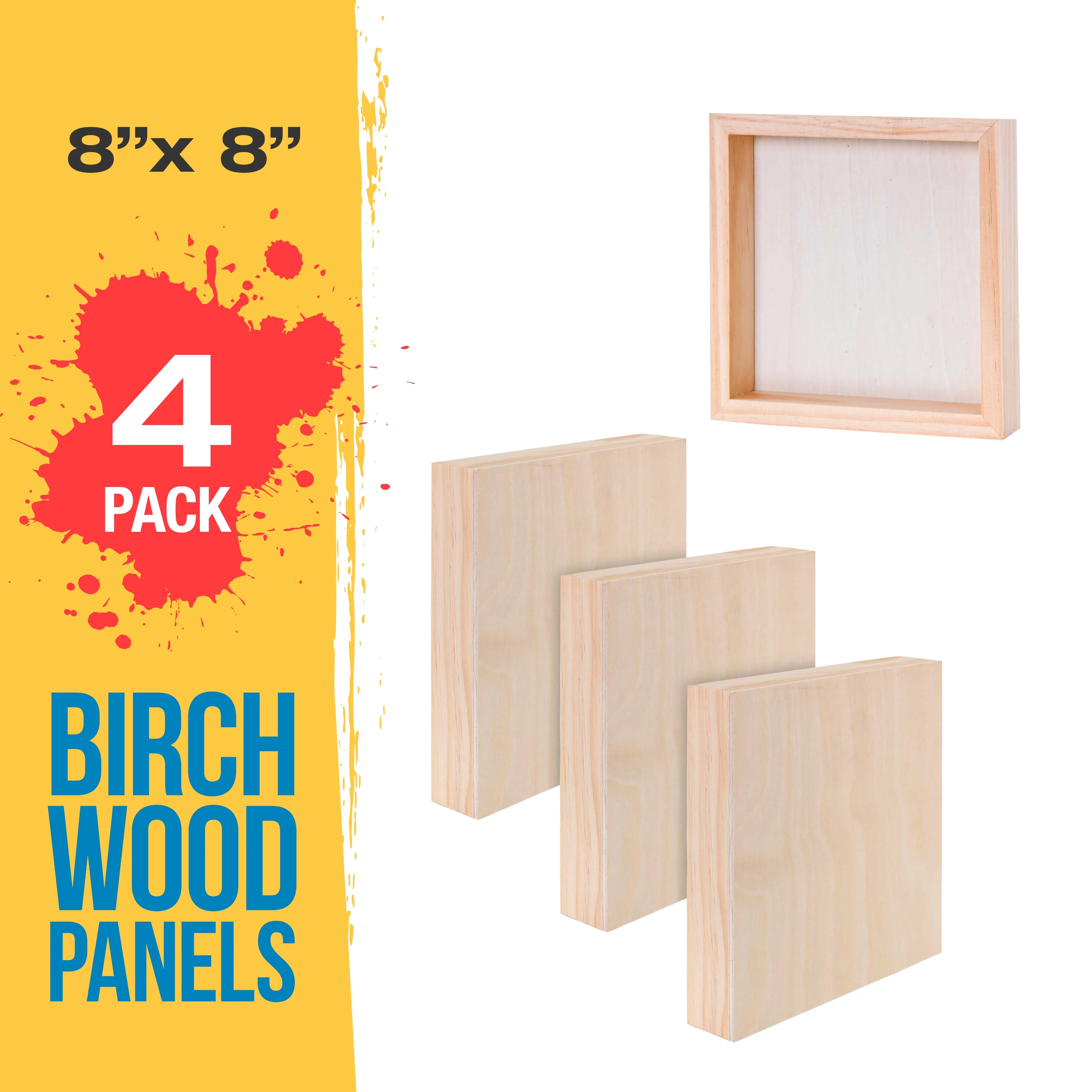 Unfinished Birch Wood Canvas Panels for Painting, 4 Pack of 8x8 inch - Artist Gallery 1-1/2" Deep, Square Wooden Wall - Mixed-Media Craft, Acrylic, Oil, Encaustic, Paint Pouring
