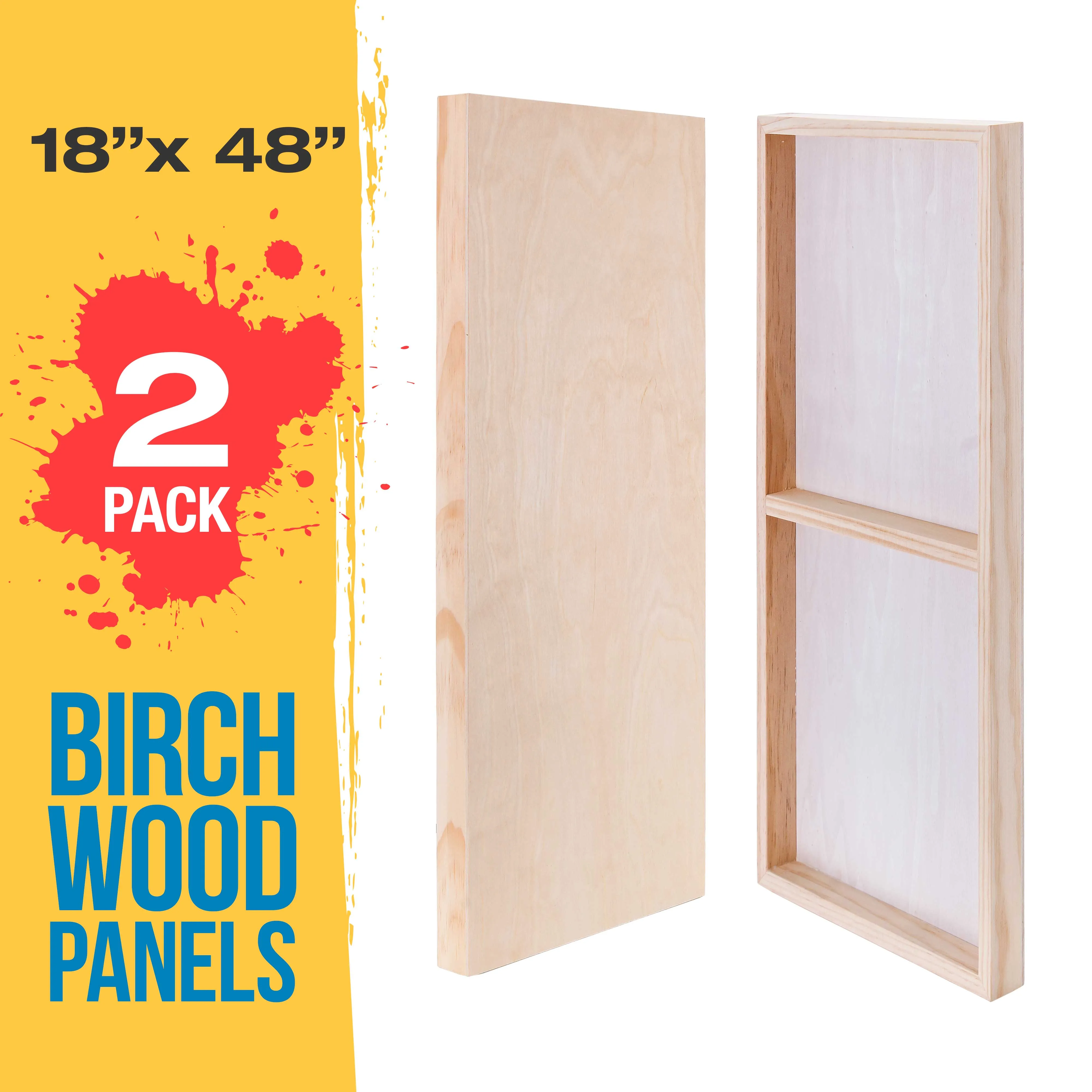 Unfinished Cradled Wood Panels for Painting, 2 Pack of 18x48 inch - Gallery Birch Wooden Canvas Boards 1-1/2" Deep - Mixed-Media Craft, Acrylic, Oil, Encaustic, Paint Pouring