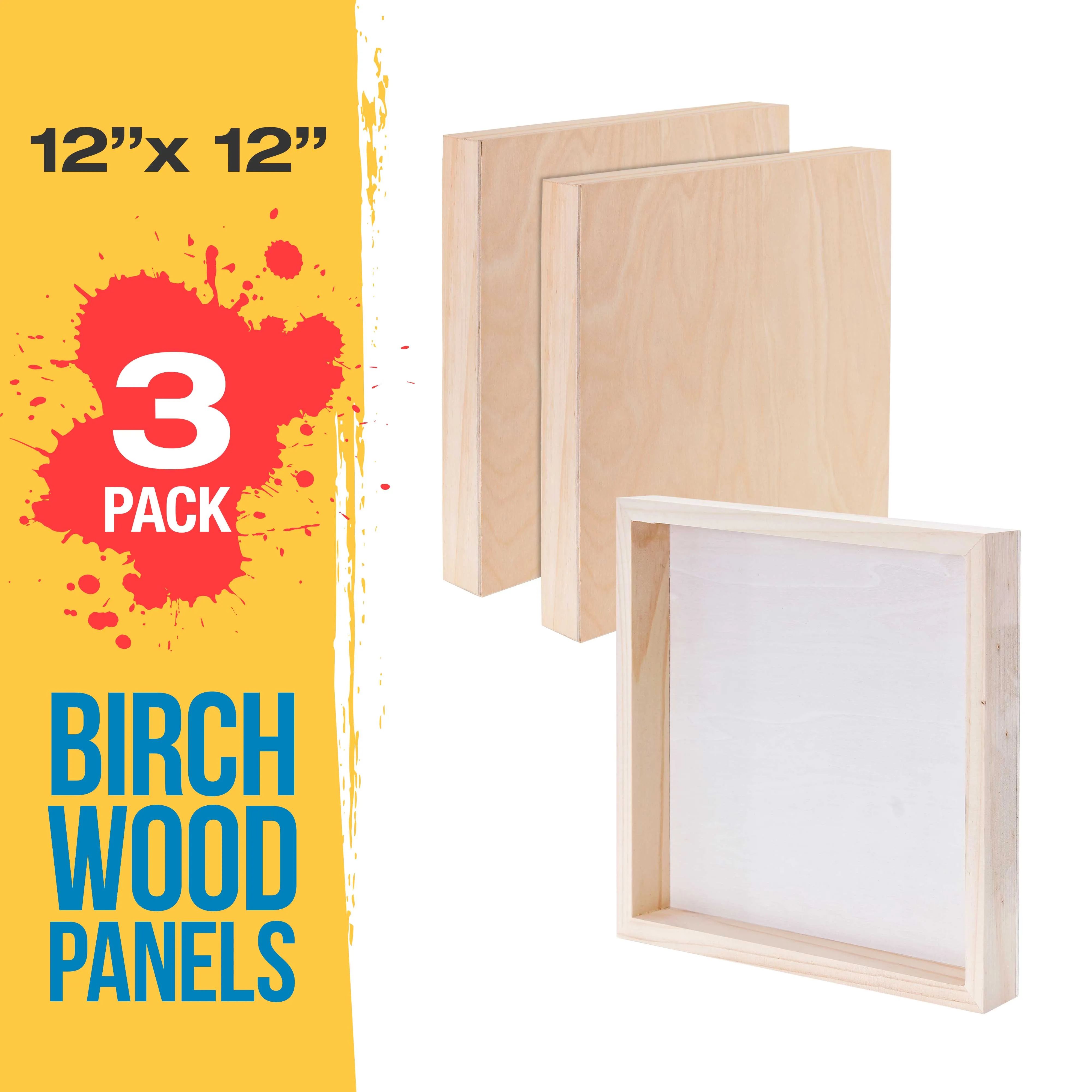 Unfinished Cradled Wood Panels for Painting, 3 Pack of 12x12 inch - Gallery Birch Wooden Canvas Boards 1-1/2" Deep - Mixed-Media Craft, Acrylic, Oil, Encaustic, Paint Pouring