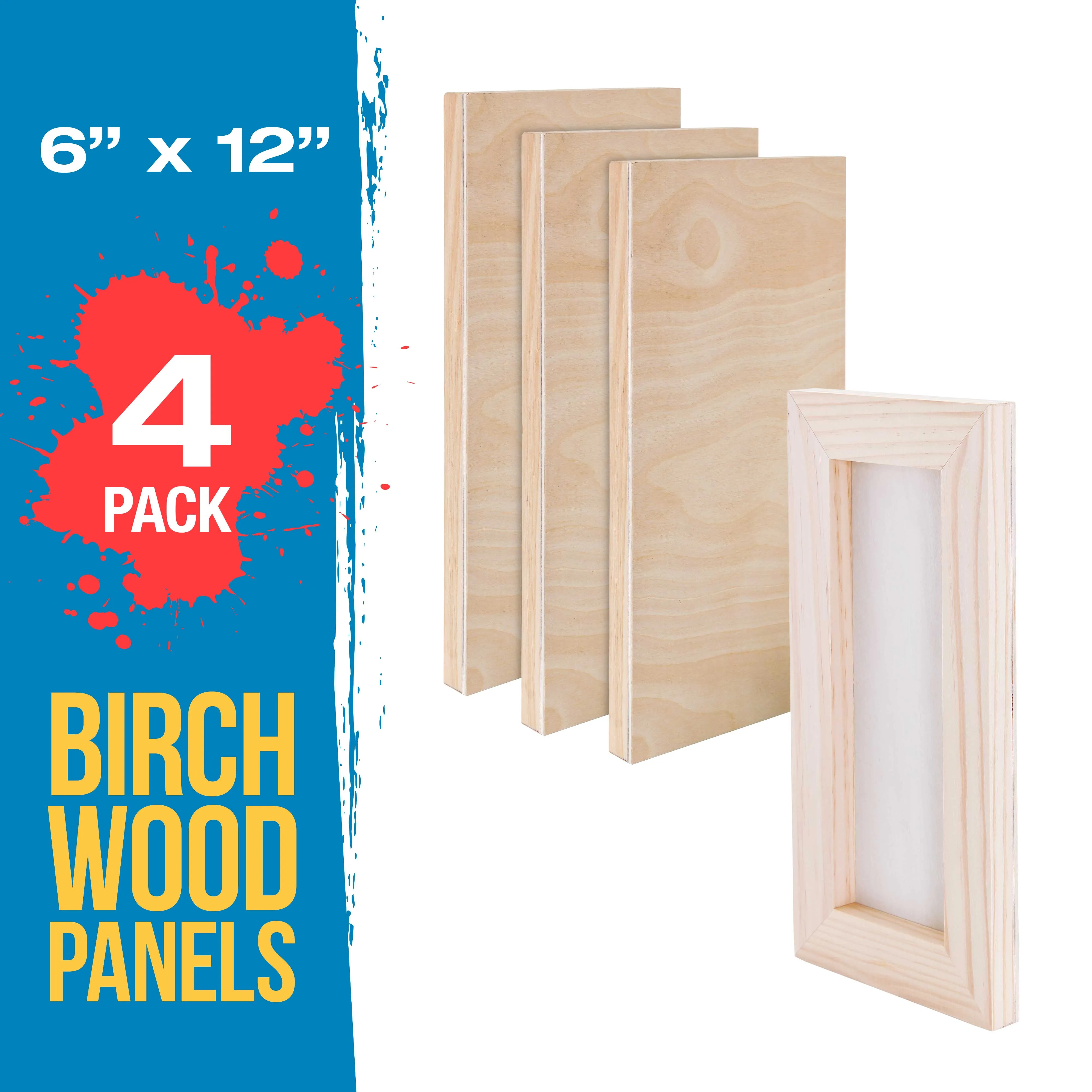 Unfinished Cradled Wood Panels for Painting, 4 Pack of 6x12 inch - Studio Birch Wooden Canvas Boards 3/4" Deep - Mixed-Media Craft, Acrylic, Oil, Encaustic, Paint Pouring Panel Board