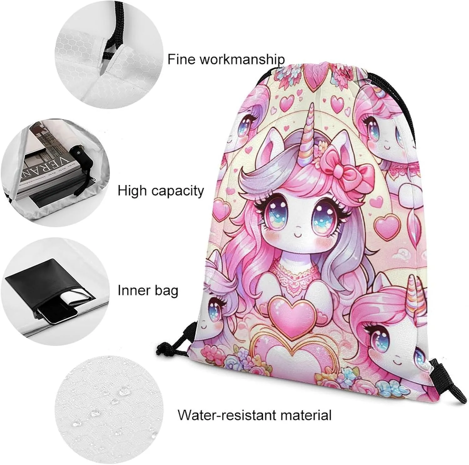 Unicorn Drawstring Backpack - Cute Cinch Sack, String Backpacks for Kids Women Men Boys Girls for Gym Outdoor Sports Travel Athletic Drawstring Bag - Lightweight/Foldable
