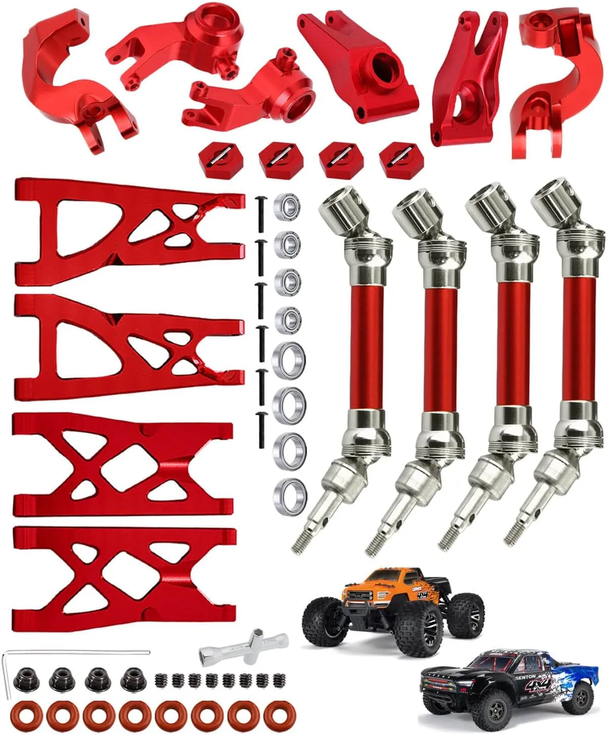 Upgrades Part for 1/10 ARRMA Granite/Senton 4x4 3S Blx & Mega 550,Front Rear Drive Shaft CVD Axles,Front Rear Suspension Arm & Steering Blocks Caster Blocks C-Hubs Stub Axle Carriers,Red