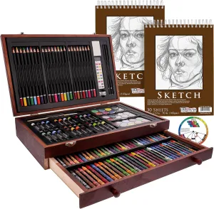U.S. Art Supply 145-Piece Mega Wood Box Painting and Drawing Set in Storage Case - 2 Sketch Pads, 24 Watercolor Paint Colors, Oil Pastels, Colored Pencils, 60 Crayons, Brushes, Artist Kit