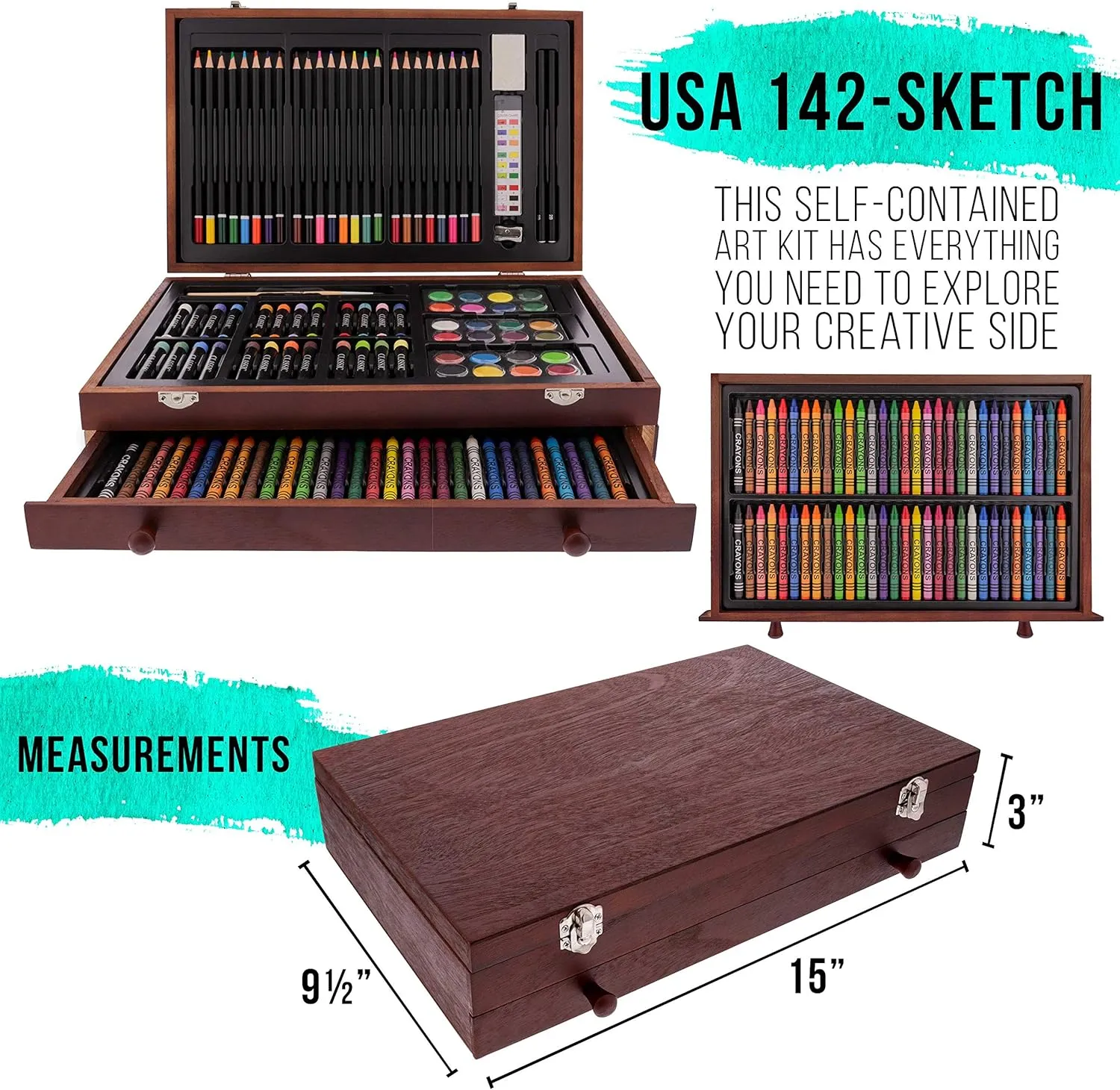 U.S. Art Supply 145-Piece Mega Wood Box Painting and Drawing Set in Storage Case - 2 Sketch Pads, 24 Watercolor Paint Colors, Oil Pastels, Colored Pencils, 60 Crayons, Brushes, Artist Kit