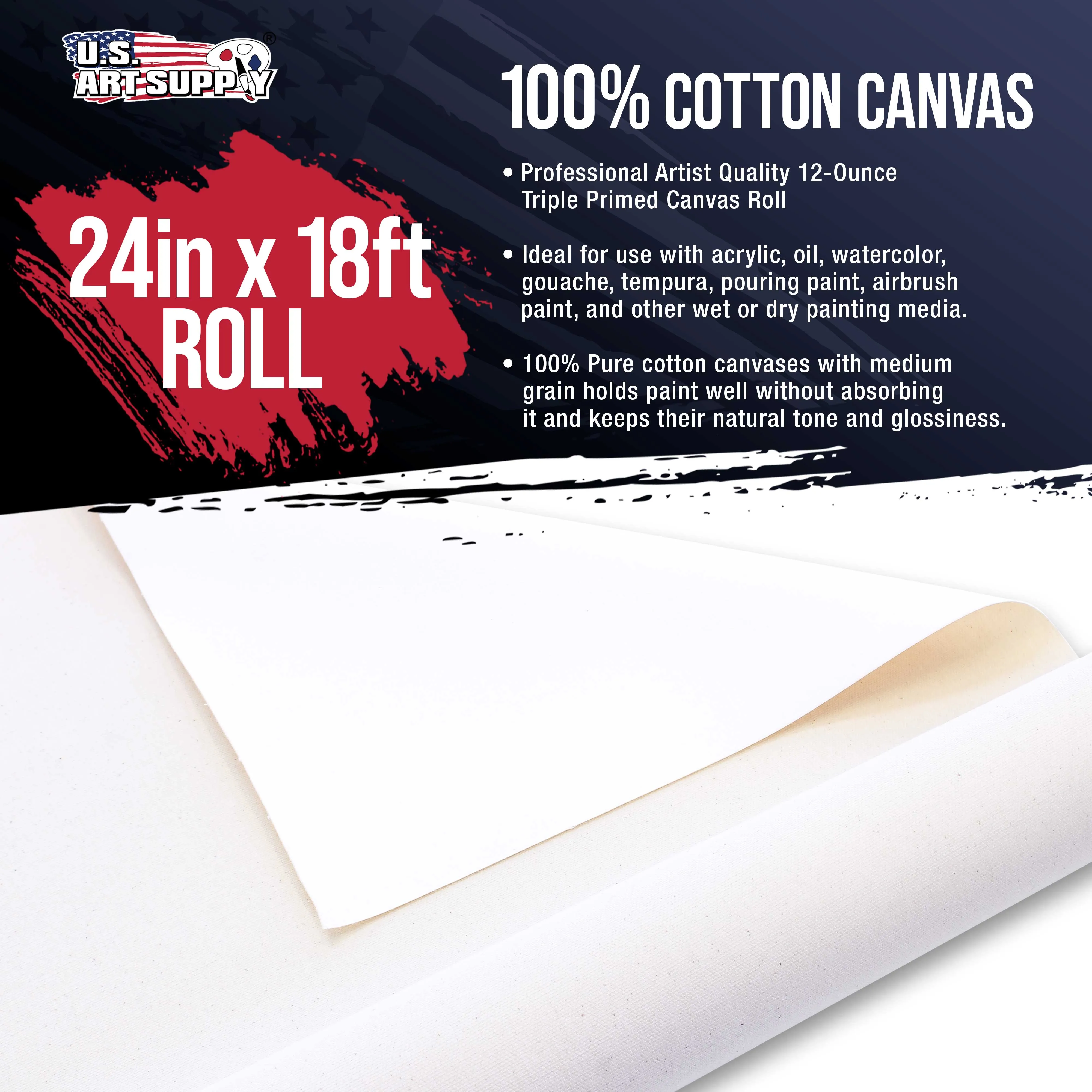 U.S. Art Supply 24" Wide x 6 Yards (18 Feet) Long Unstretched Canvas Roll - 100% Cotton, 12-Ounce Triple Primed Gesso, Acid-Free, Oil Acrylic Painting