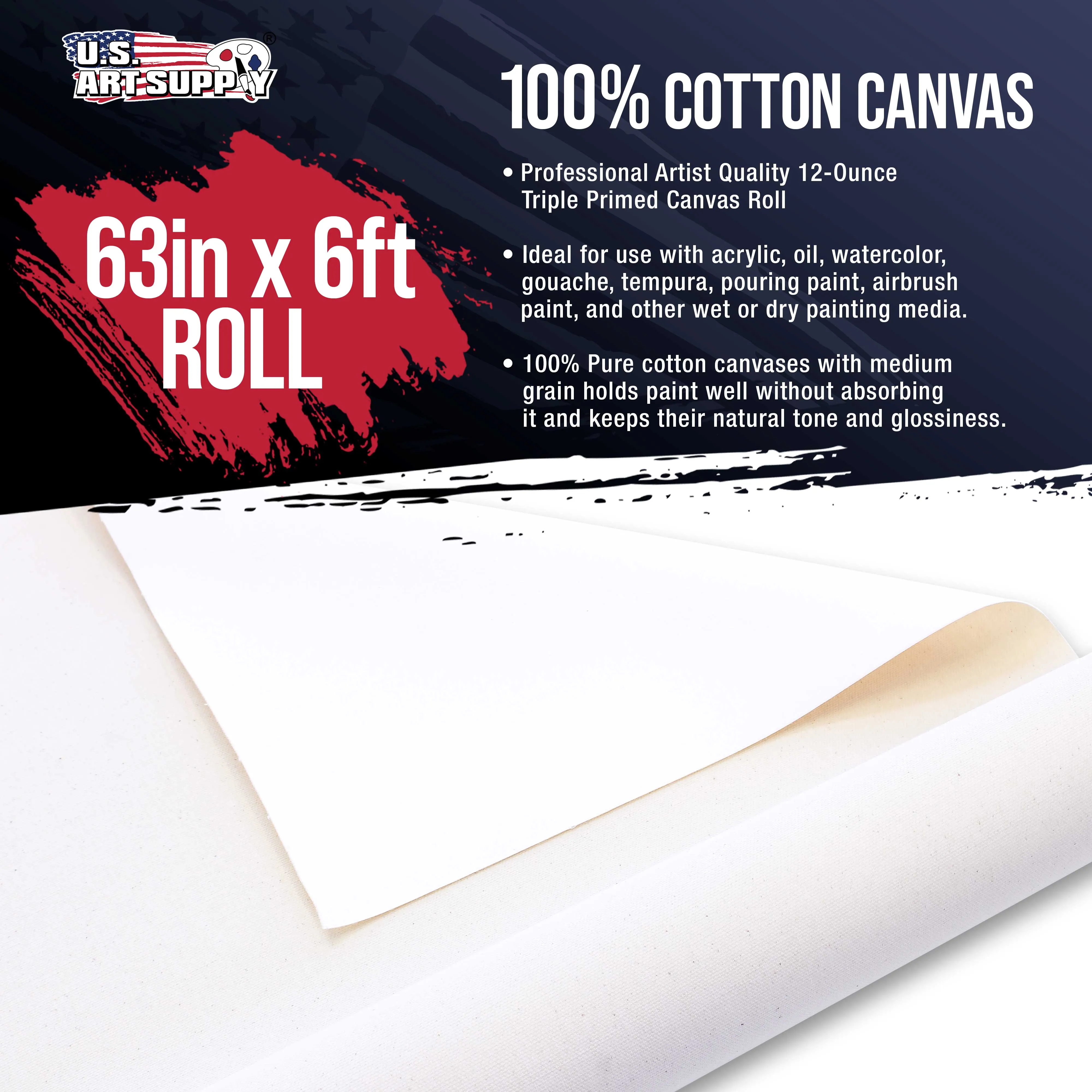 U.S. Art Supply 63" Wide x 2 Yards (6 Feet) Long Unstretched Canvas Roll - 100% Cotton, 12-Ounce Triple Primed Gesso, Acid-Free - Oil Acrylic Painting