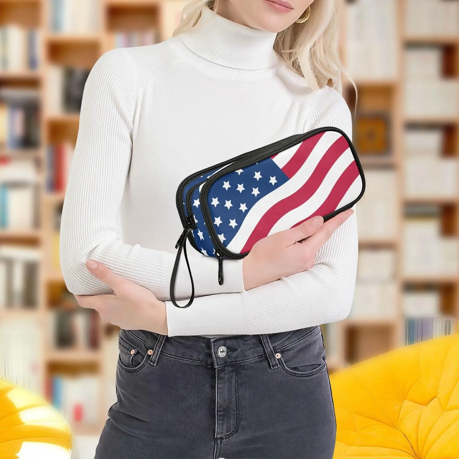 USA American Flag Pencil Case Box Boys Girls Large Pencil Pouch Zipper Compartments Big Capacity Stationery Pen Bag Organizer for Kids Teens Adults School