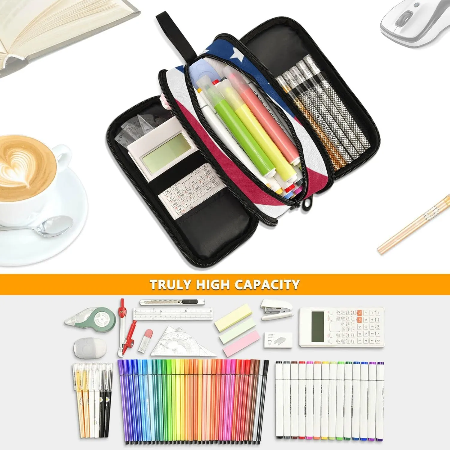 USA American Flag Pencil Case Box Boys Girls Large Pencil Pouch Zipper Compartments Big Capacity Stationery Pen Bag Organizer for Kids Teens Adults School