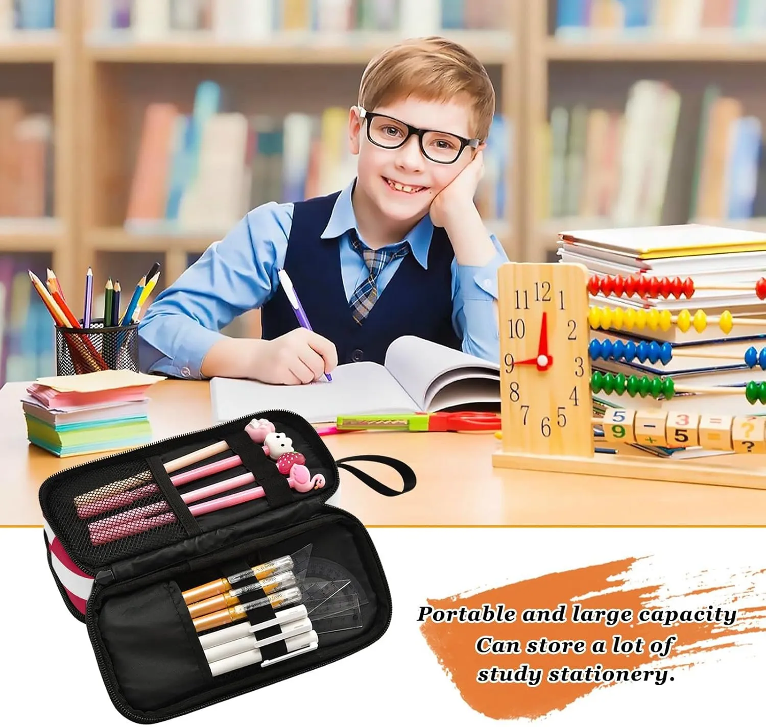 USA American Flag Pencil Case Box Boys Girls Large Pencil Pouch Zipper Compartments Big Capacity Stationery Pen Bag Organizer for Kids Teens Adults School