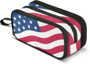USA American Flag Pencil Case Box Boys Girls Large Pencil Pouch Zipper Compartments Big Capacity Stationery Pen Bag Organizer for Kids Teens Adults School