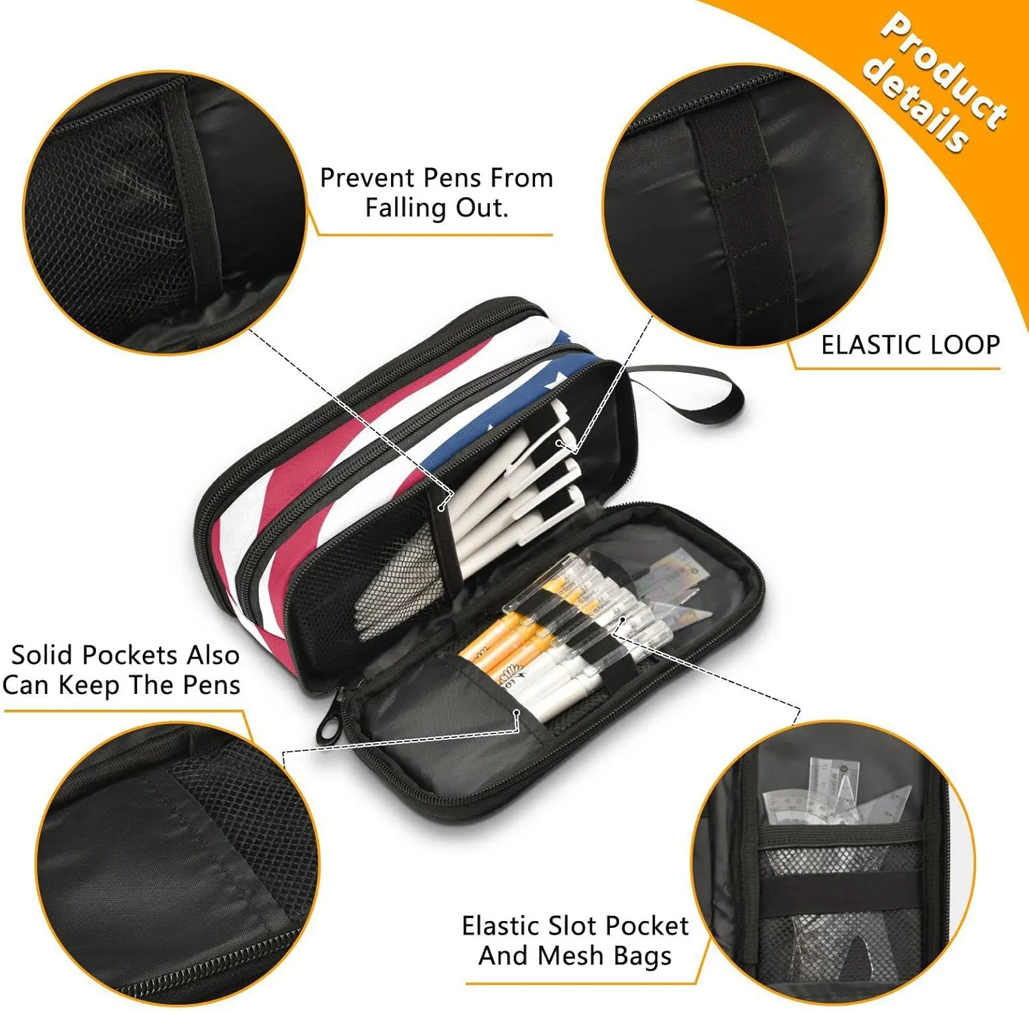 USA American Flag Pencil Case Box Boys Girls Large Pencil Pouch Zipper Compartments Big Capacity Stationery Pen Bag Organizer for Kids Teens Adults School