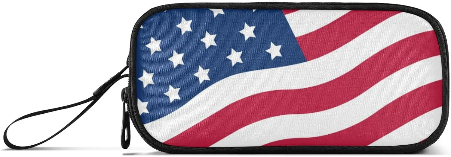 USA American Flag Pencil Case Box Boys Girls Large Pencil Pouch Zipper Compartments Big Capacity Stationery Pen Bag Organizer for Kids Teens Adults School