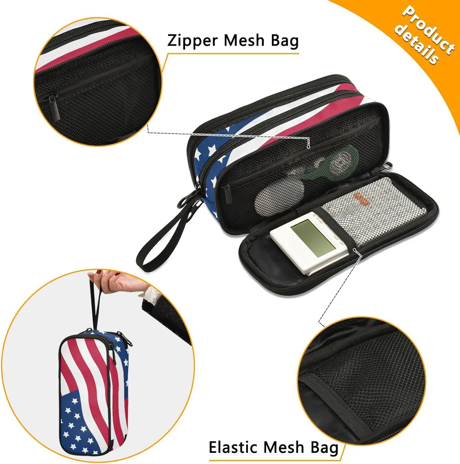 USA American Flag Pencil Case Box Boys Girls Large Pencil Pouch Zipper Compartments Big Capacity Stationery Pen Bag Organizer for Kids Teens Adults School