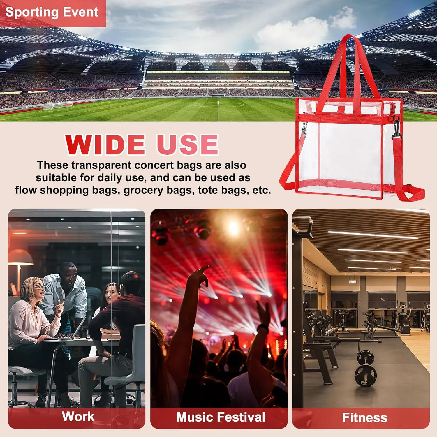 uxcell Clear Tote Bag, PVC Waterproof Closure Crossbody Shoulder Bag with Zipper and Adjustable Strap for Stadium Events