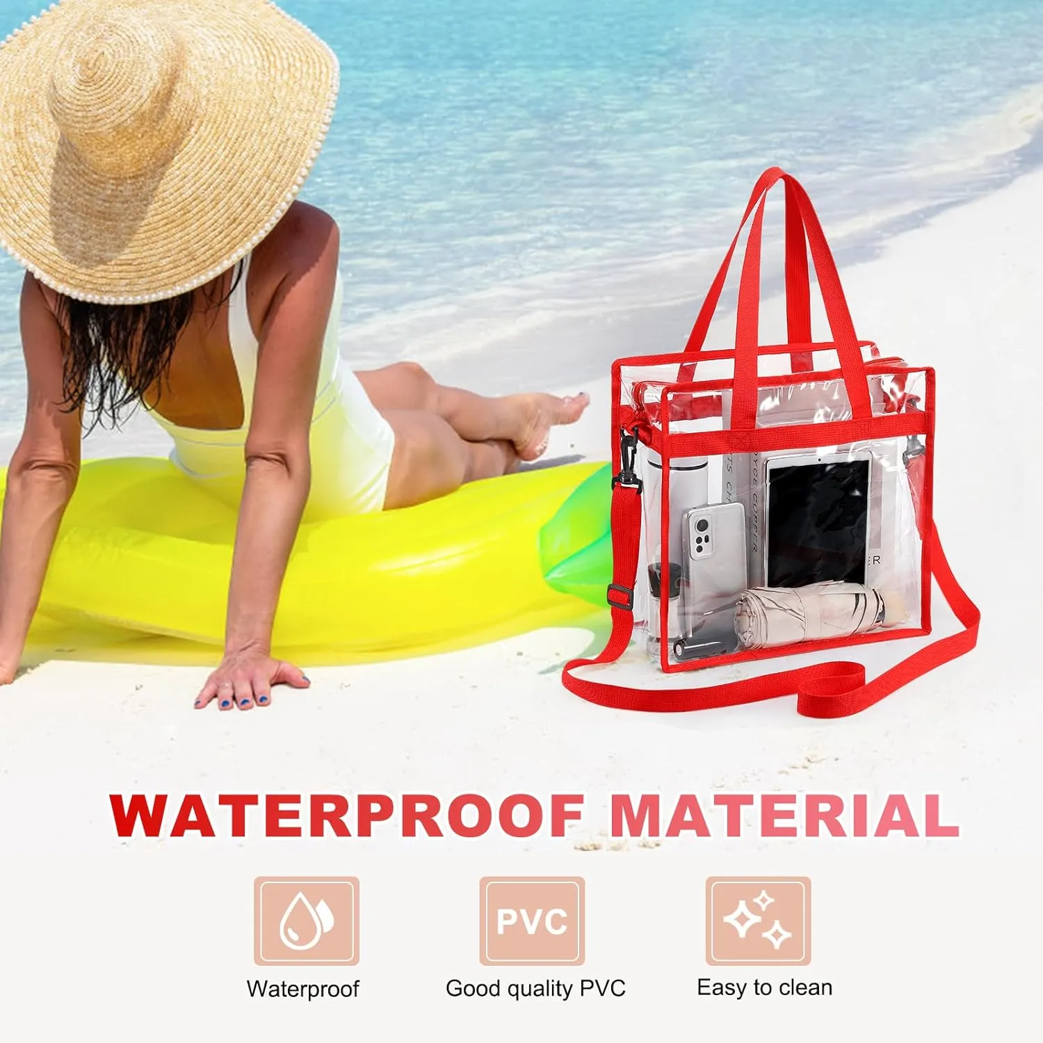 uxcell Clear Tote Bag, PVC Waterproof Closure Crossbody Shoulder Bag with Zipper and Adjustable Strap for Stadium Events