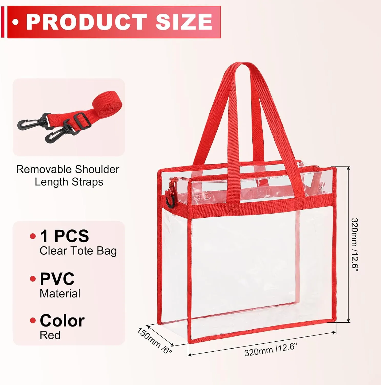 uxcell Clear Tote Bag, PVC Waterproof Closure Crossbody Shoulder Bag with Zipper and Adjustable Strap for Stadium Events