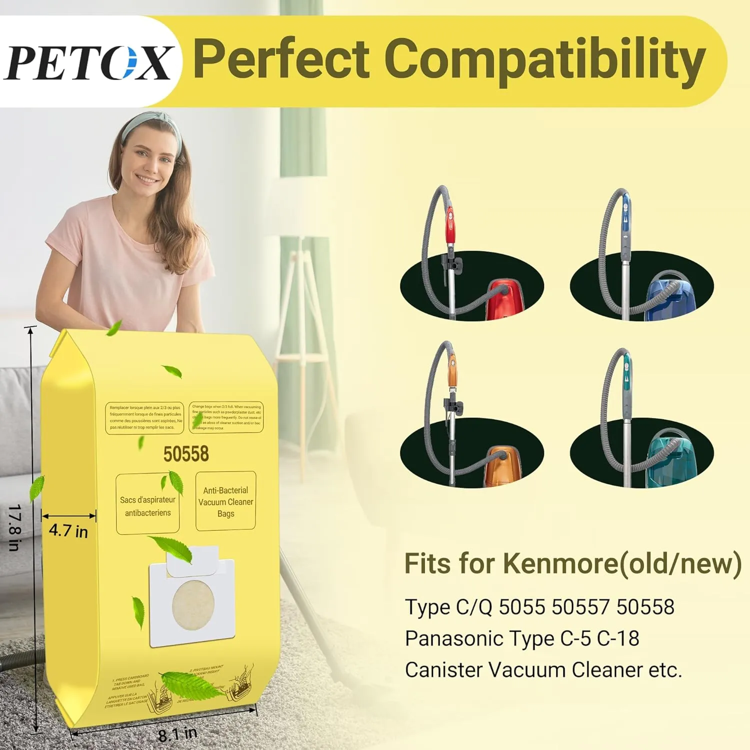 Vacuum Cleaner Bags Replacement for Kenmore Canister Type C/Q 5055, 50557, 50558 and Pana·sonic Type C-5 Vacuums, 12 Pack High-Efficiency Replacement Canister Vacuum Bags by PETOX