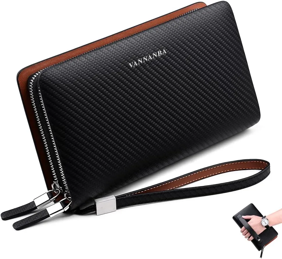 VANNANBA Clutch Purses Wristlet Wallets Large Capacity Designer Double Zipper Long Hangbags Business Travel Clutch Phone Holder,Leather Wallet Gift for Mens Father Son Husband Boyfriend(Black)