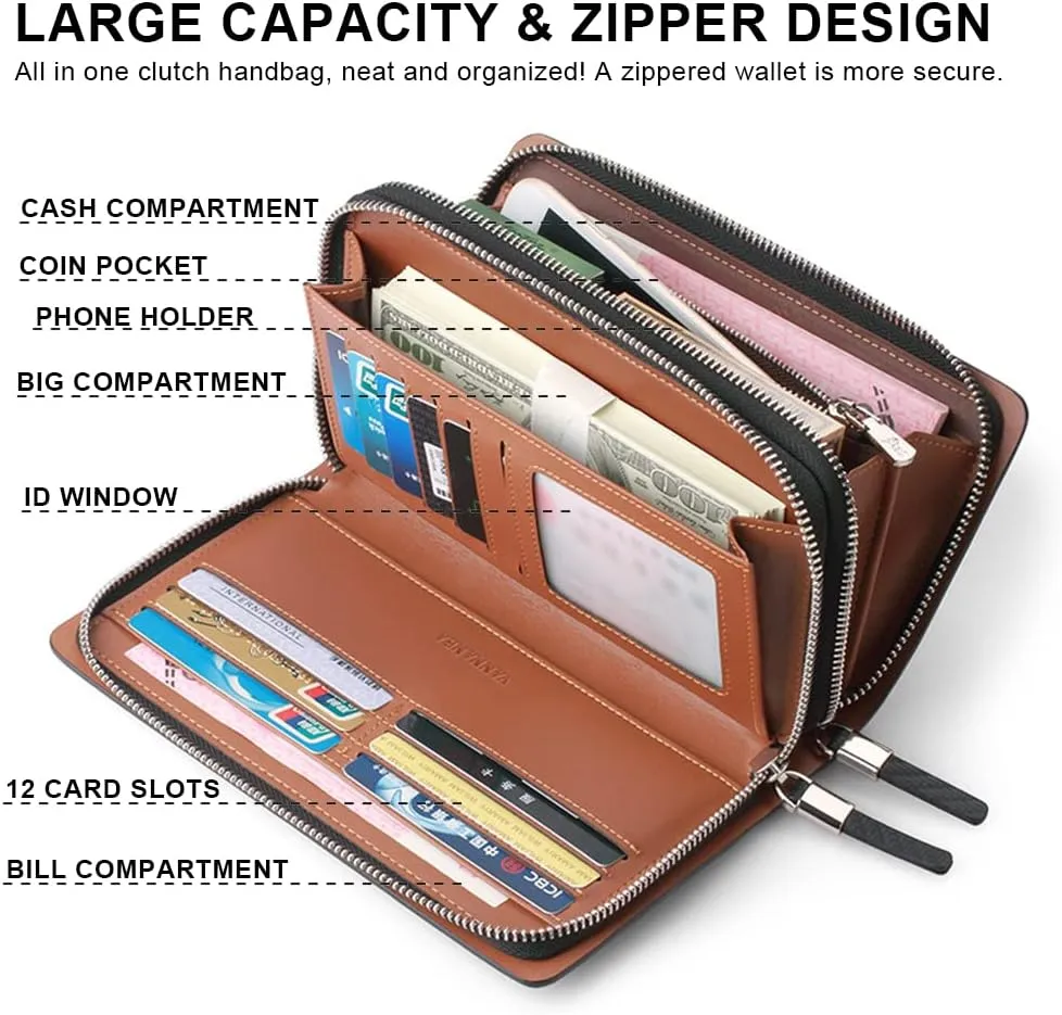 VANNANBA Clutch Purses Wristlet Wallets Large Capacity Designer Double Zipper Long Hangbags Business Travel Clutch Phone Holder,Leather Wallet Gift for Mens Father Son Husband Boyfriend(Black)