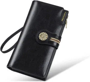 VANNANBA Womens Wallet Long Large RFID Oil-waxed Leather Clutch Wallet Wristlet Organized Purse