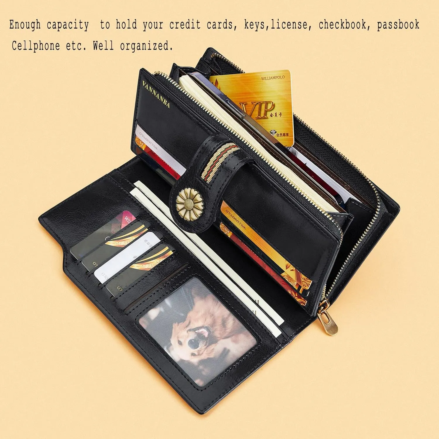 VANNANBA Womens Wallet Long Large RFID Oil-waxed Leather Clutch Wallet Wristlet Organized Purse