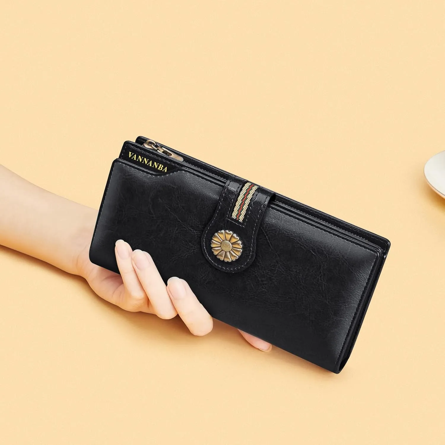 VANNANBA Womens Wallet Long Large RFID Oil-waxed Leather Clutch Wallet Wristlet Organized Purse