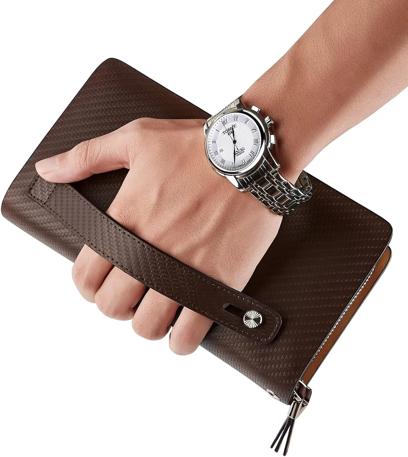 VANNANBA Wristlet Wallets Large Leather Double Zipper Long Business Handbag Clutch Phone Holder,Gift for Father Son(brown)