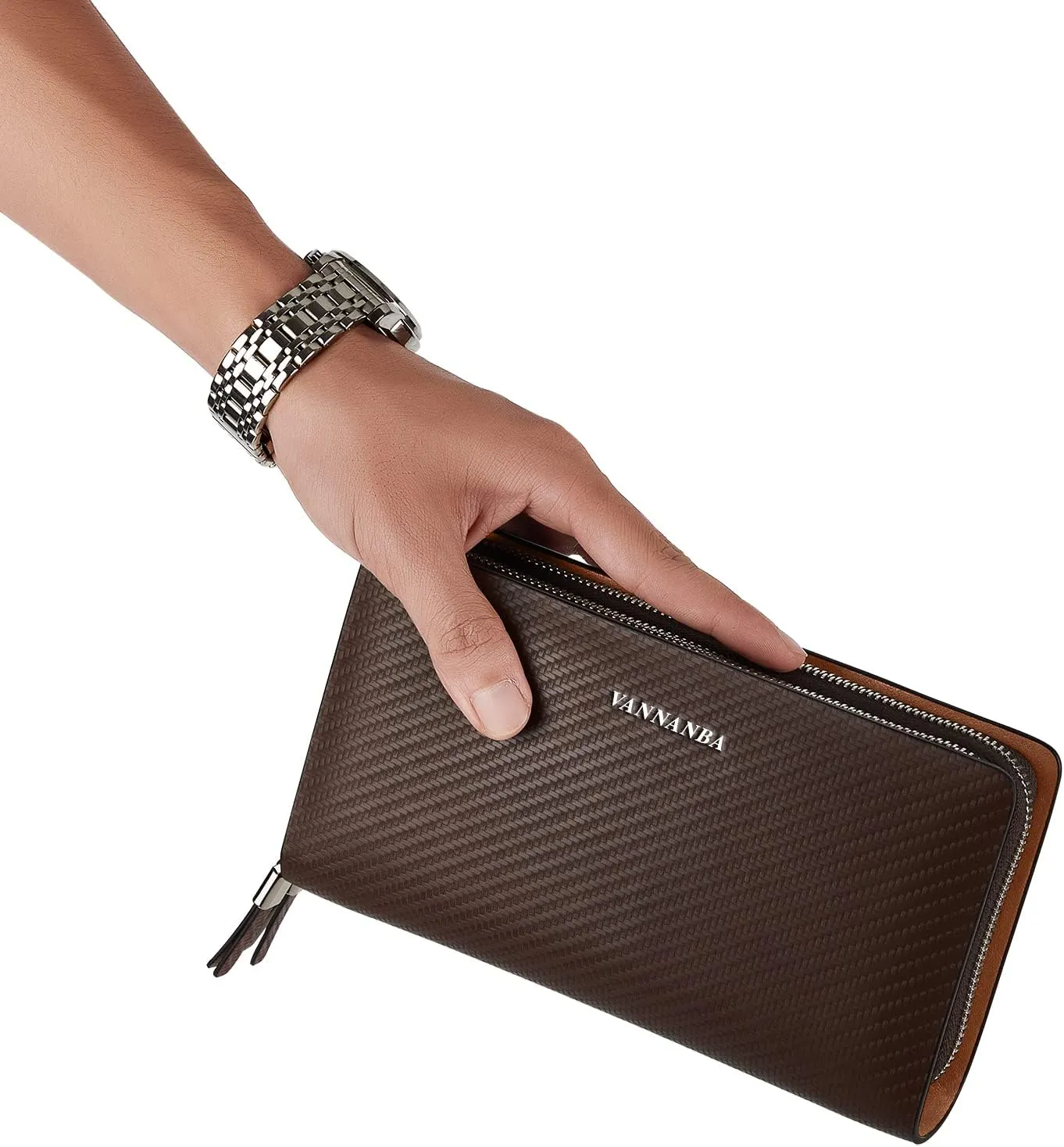 VANNANBA Wristlet Wallets Large Leather Double Zipper Long Business Handbag Clutch Phone Holder,Gift for Father Son(brown)